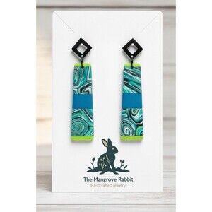 Handmade Bright Green & Blue Pearl Large Polymer Clay Dangle Earrings Black SS